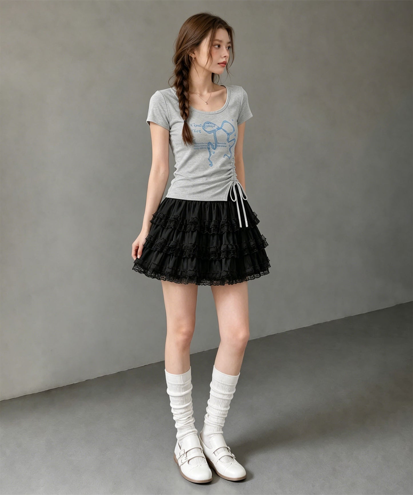 HOOK for girls リボングラフィック × サイドギャザー コンパクトストリートT