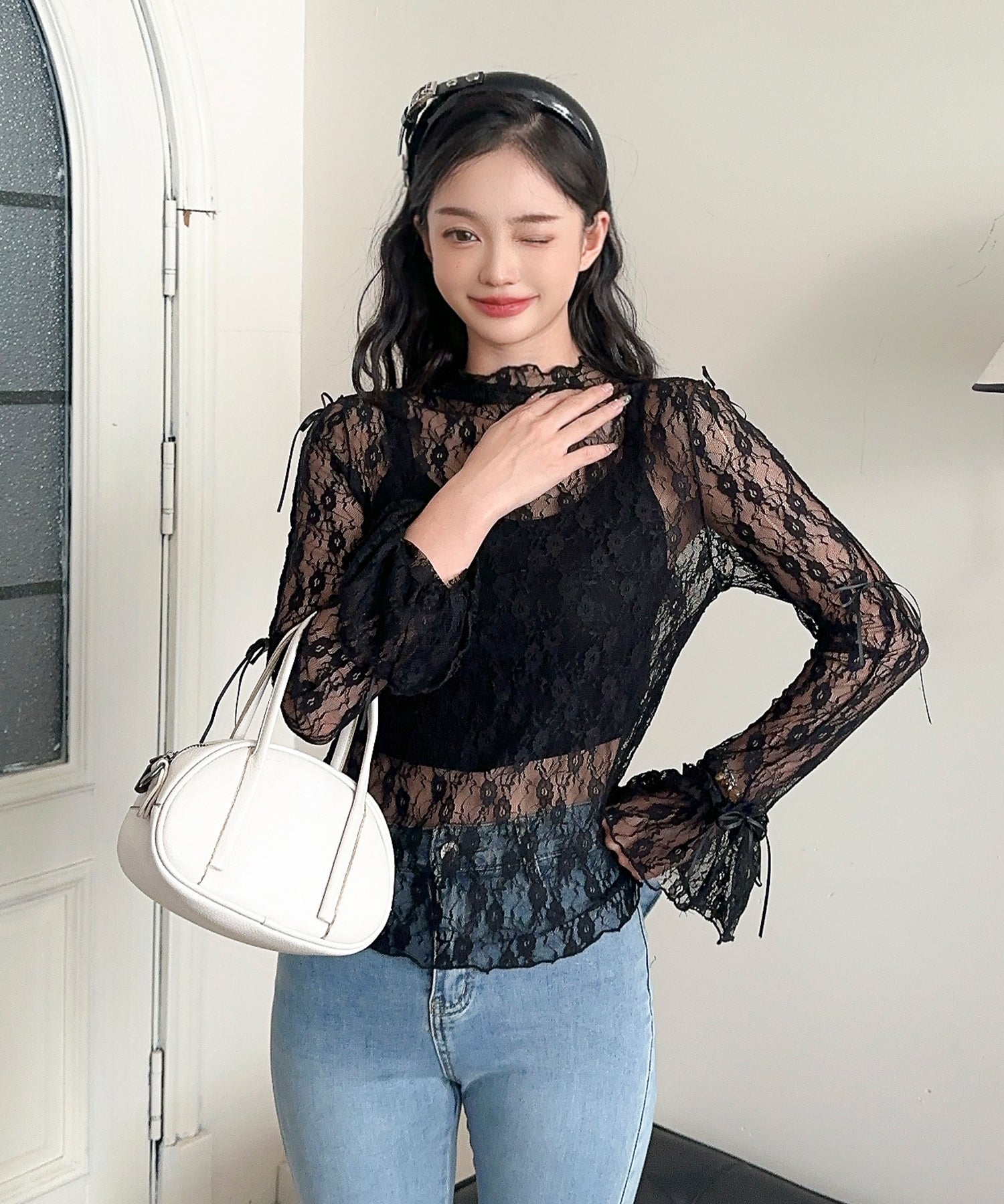 【Jasmine】袖リボンメロウシアーレースインナートップス