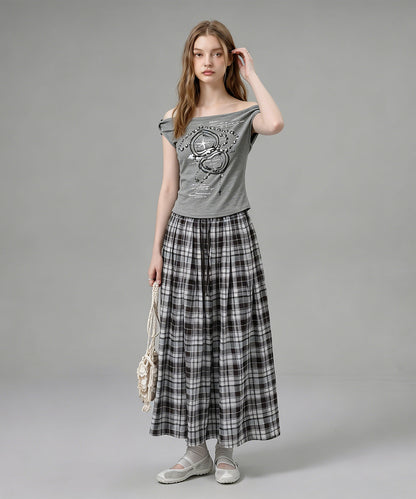 HOOK for girls クロス柄グラフィック オフショルダークロップドTシャツ