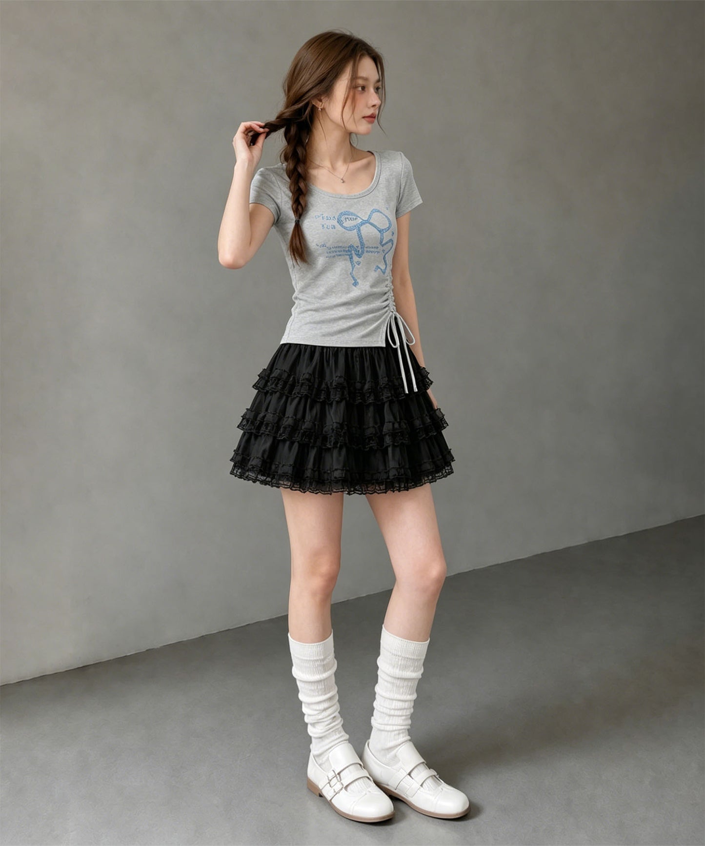 HOOK for girls リボングラフィック × サイドギャザー コンパクトストリートT