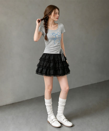 HOOK for girls リボングラフィック × サイドギャザー コンパクトストリートT