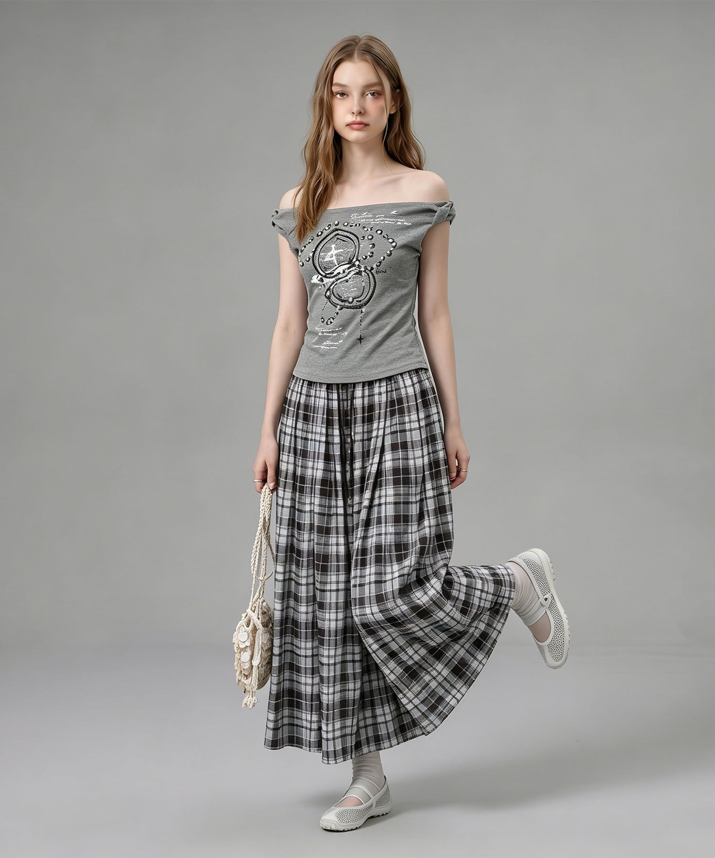 HOOK for girls クロス柄グラフィック オフショルダークロップドTシャツ