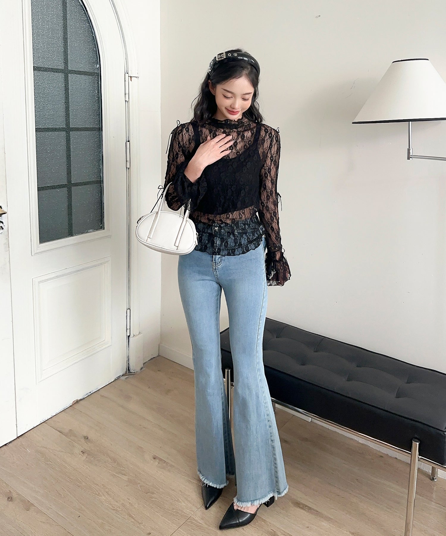 【Jasmine】袖リボンメロウシアーレースインナートップス