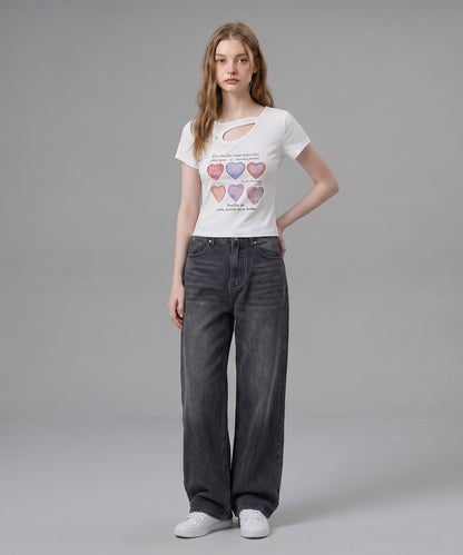 HOOK for girls 胸元デザイン × ハートスタッズプリント　クロップド 半袖 Tシャツ