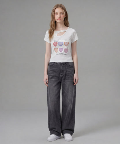 HOOK for girls 胸元デザイン × ハートスタッズプリント　クロップド 半袖 Tシャツ
