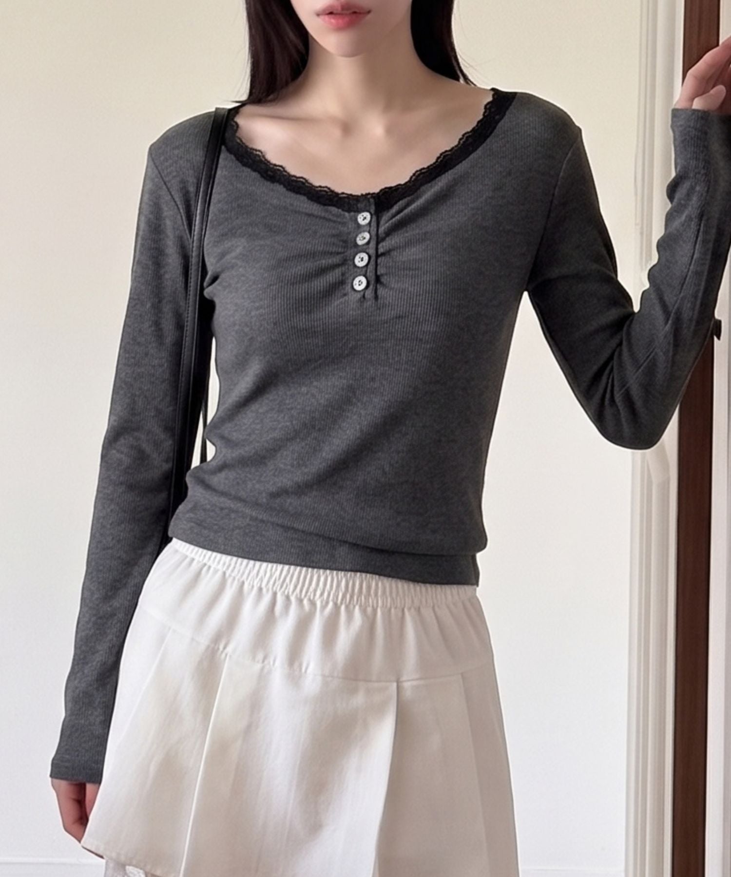 aimoha/レースヘンリーネックトップス