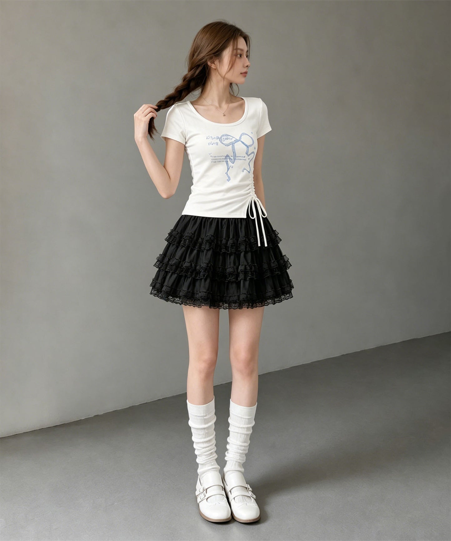 HOOK for girls リボングラフィック × サイドギャザー コンパクトストリートT