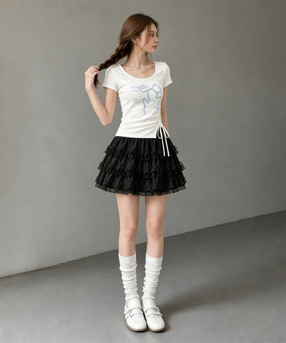 HOOK for girls リボングラフィック × サイドギャザー コンパクトストリートT
