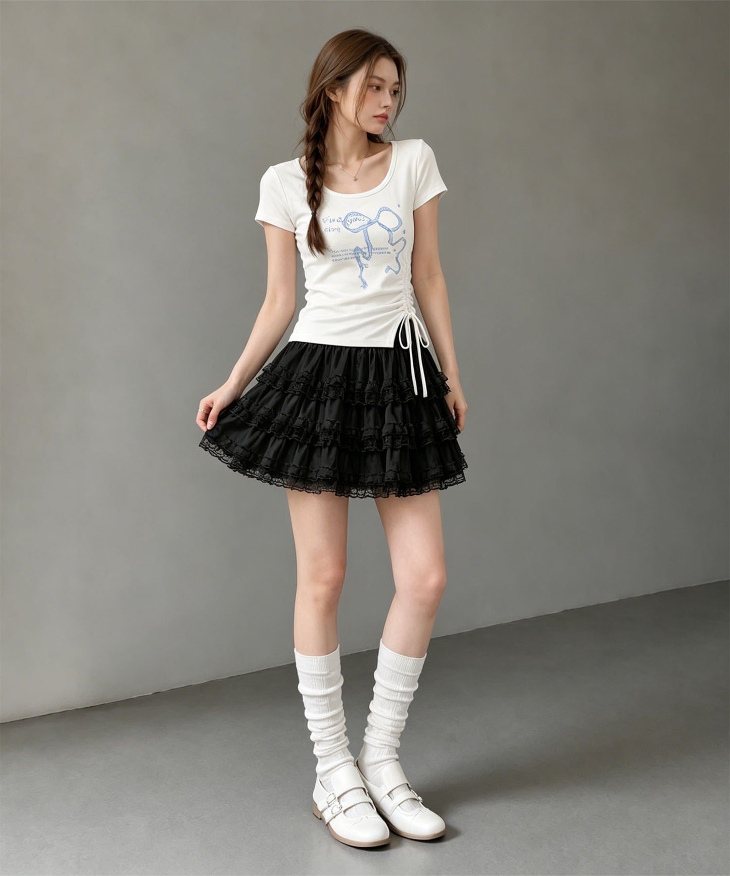 HOOK for girls リボングラフィック × サイドギャザー コンパクトストリートT