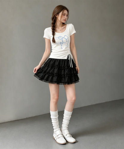HOOK for girls リボングラフィック × サイドギャザー コンパクトストリートT