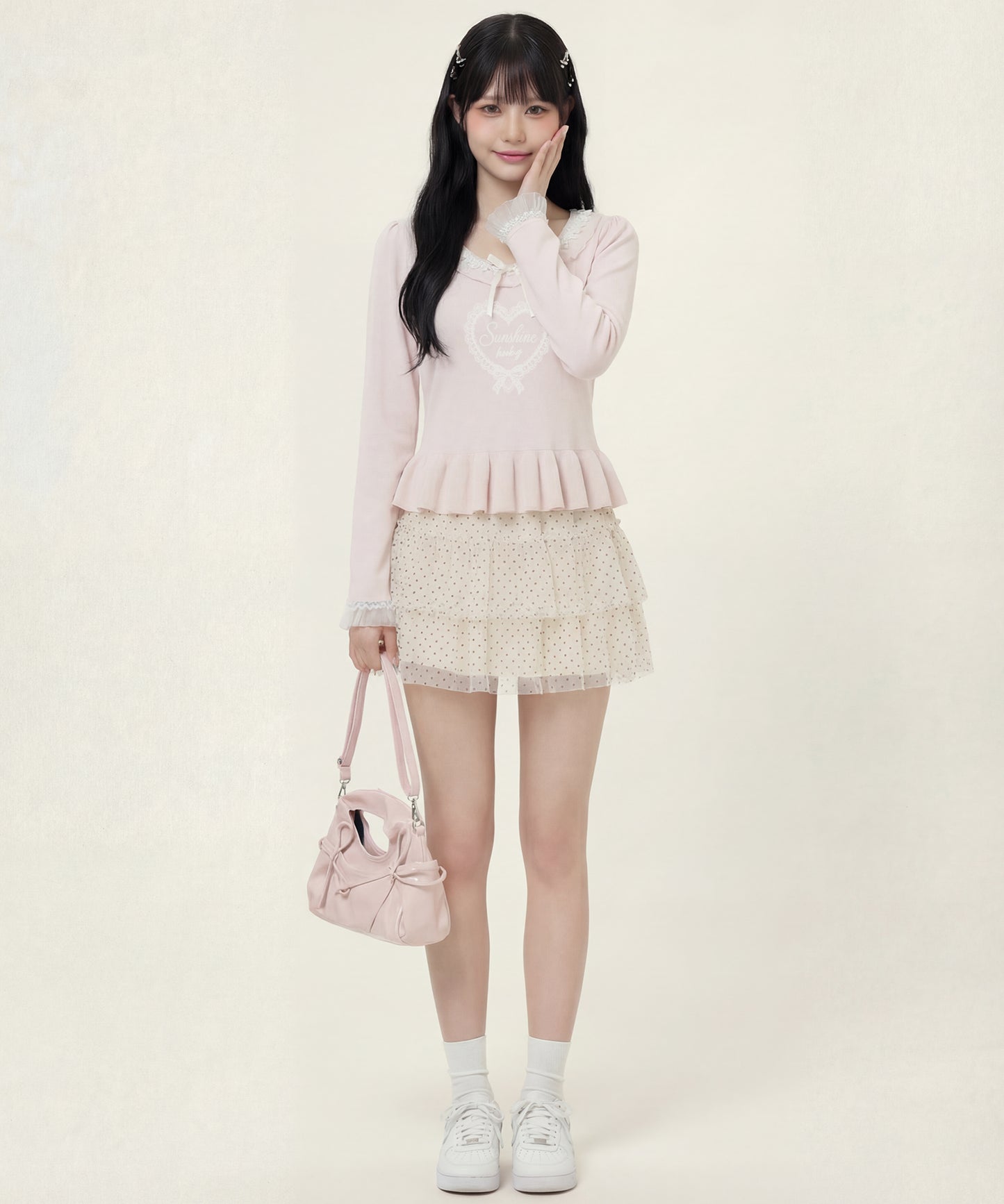 HOOK for girls レースハートプリントリボン付きペプラムニットプルオーバー