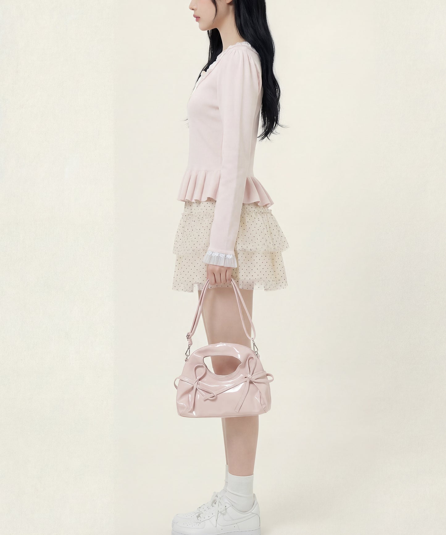 HOOK for girls レースハートプリントリボン付きペプラムニットプルオーバー