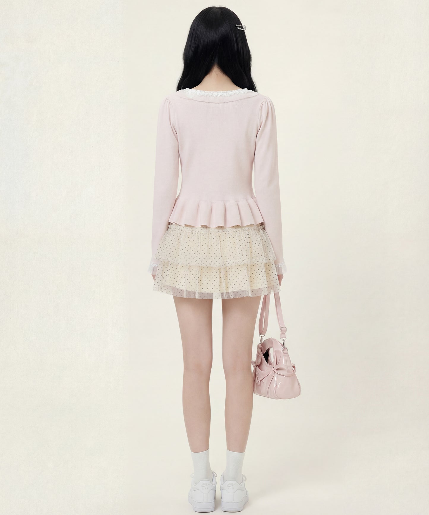 HOOK for girls レースハートプリントリボン付きペプラムニットプルオーバー
