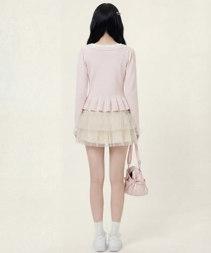 HOOK for girls レースハートプリントリボン付きペプラムニットプルオーバー