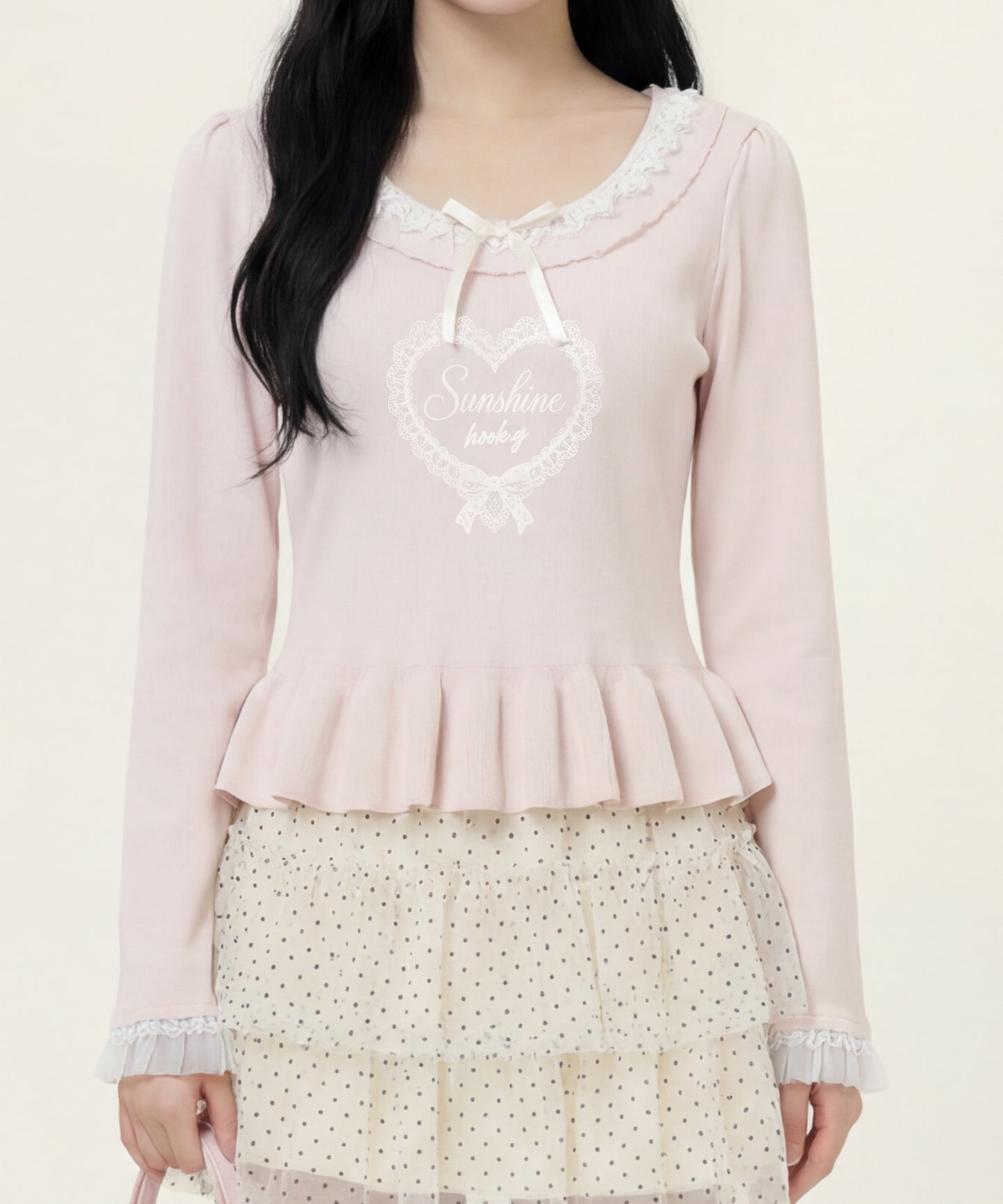 HOOK for girls レースハートプリントリボン付きペプラムニットプルオーバー