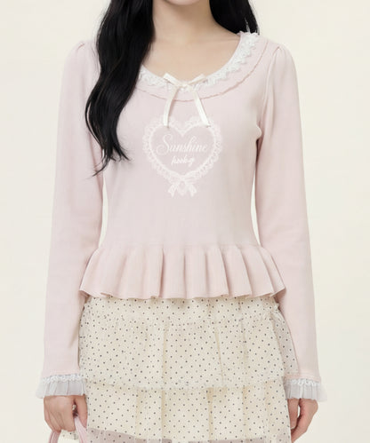 HOOK for girls レースハートプリントリボン付きペプラムニットプルオーバー