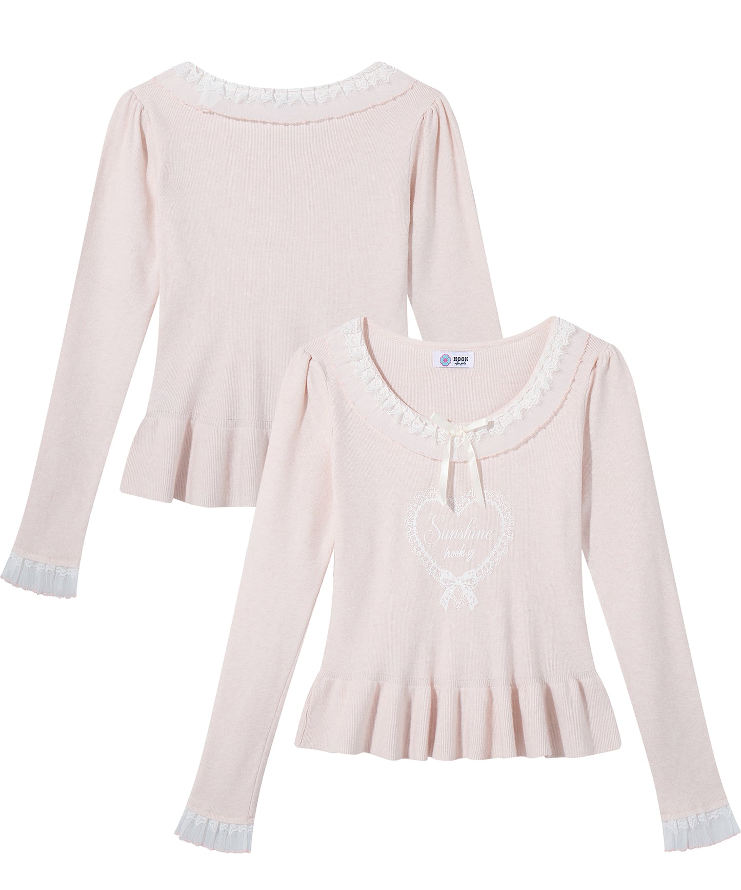 HOOK for girls レースハートプリントリボン付きペプラムニットプルオーバー