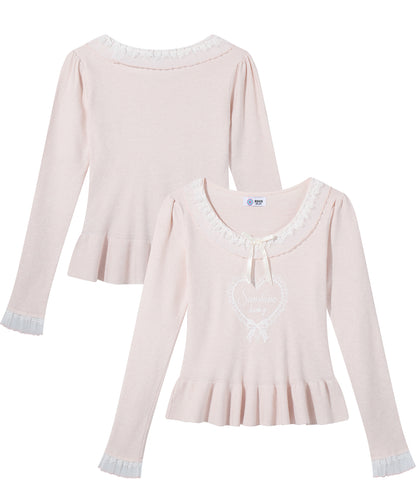 HOOK for girls レースハートプリントリボン付きペプラムニットプルオーバー