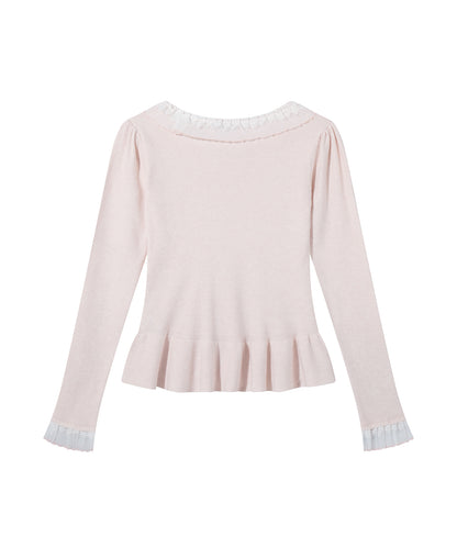 HOOK for girls レースハートプリントリボン付きペプラムニットプルオーバー
