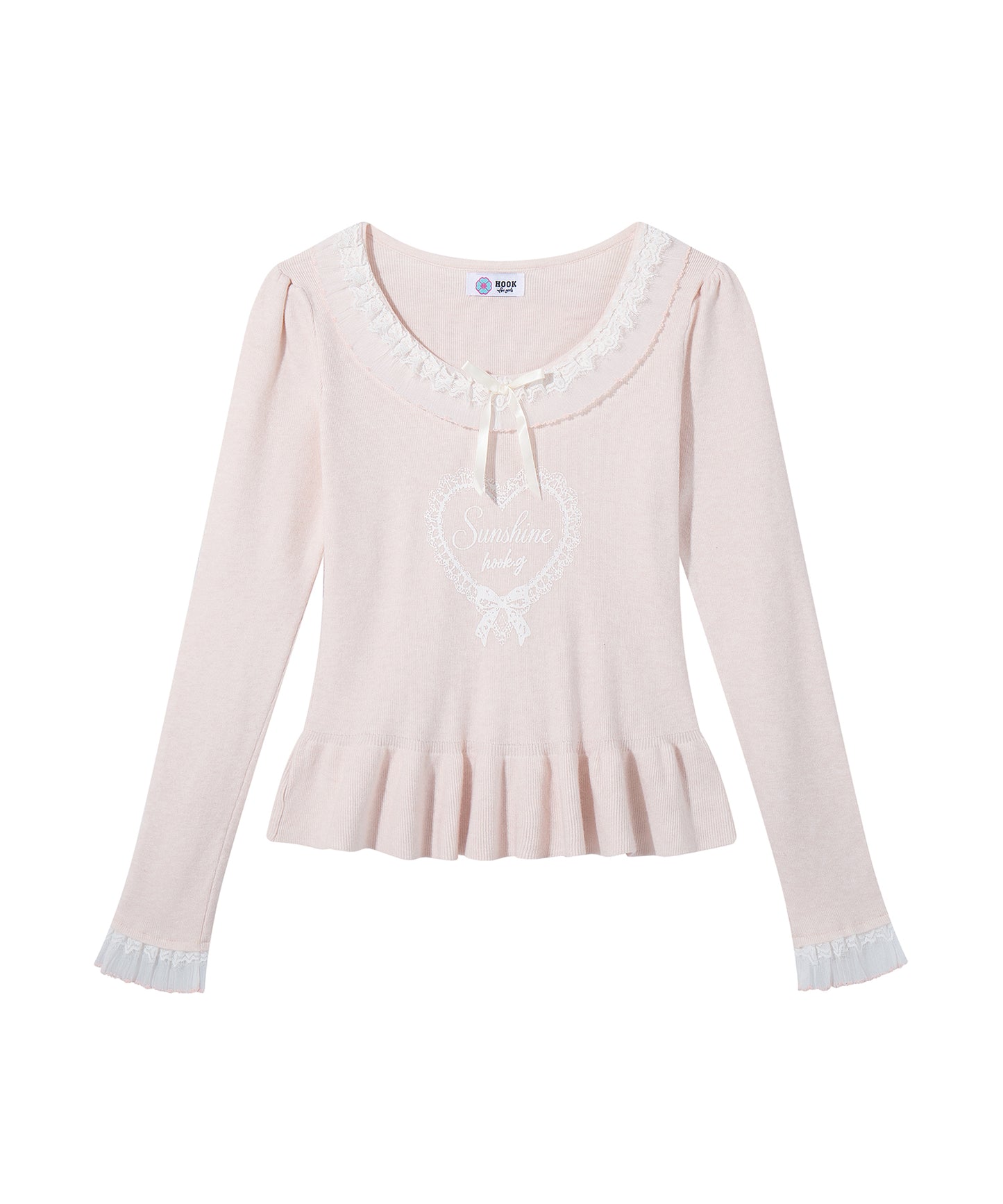 HOOK for girls レースハートプリントリボン付きペプラムニットプルオーバー