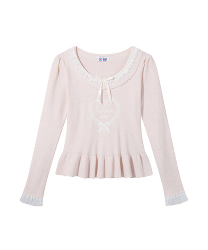 HOOK for girls レースハートプリントリボン付きペプラムニットプルオーバー