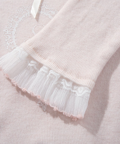 HOOK for girls レースハートプリントリボン付きペプラムニットプルオーバー