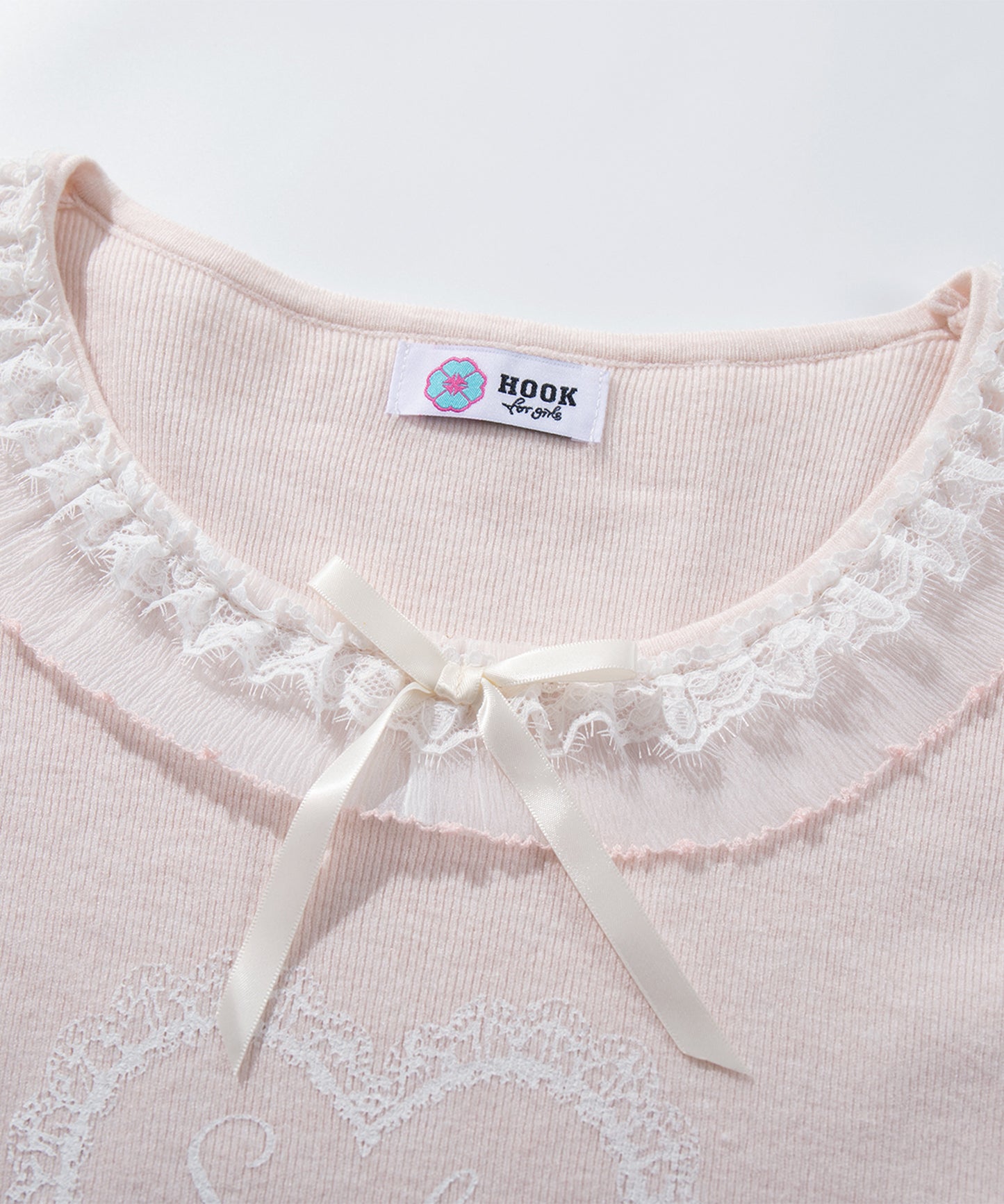 HOOK for girls レースハートプリントリボン付きペプラムニットプルオーバー