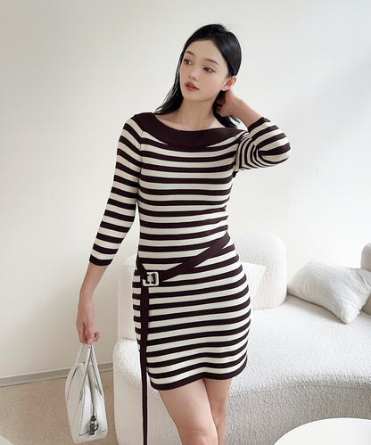 【Jasmine】ワンショルダーストライプニットワンピース