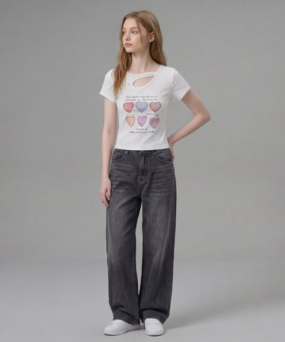 HOOK for girls 胸元デザイン × ハートスタッズプリント　クロップド 半袖 Tシャツ