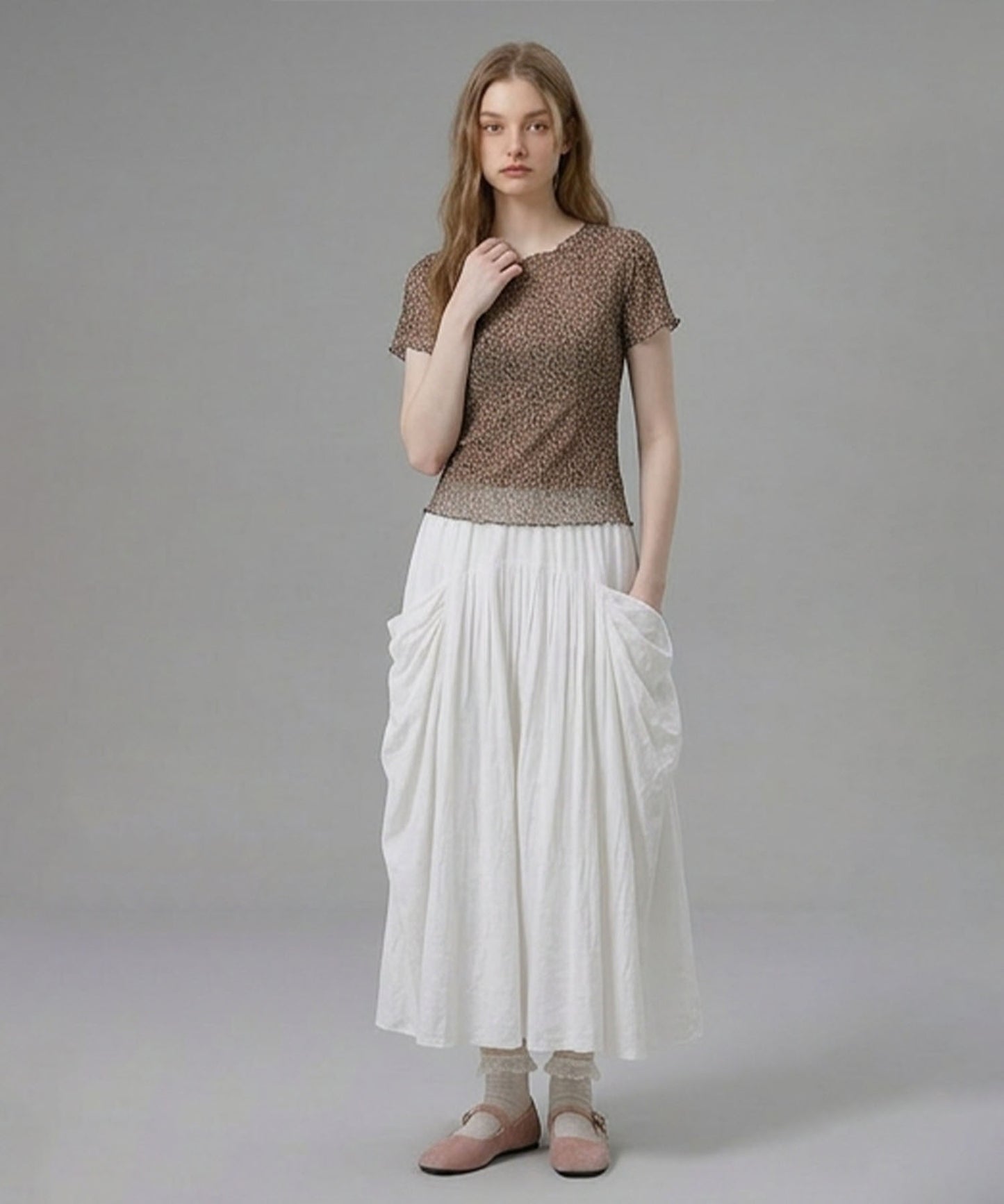 HOOK for girls バブルシフォン総柄クロップドトップス