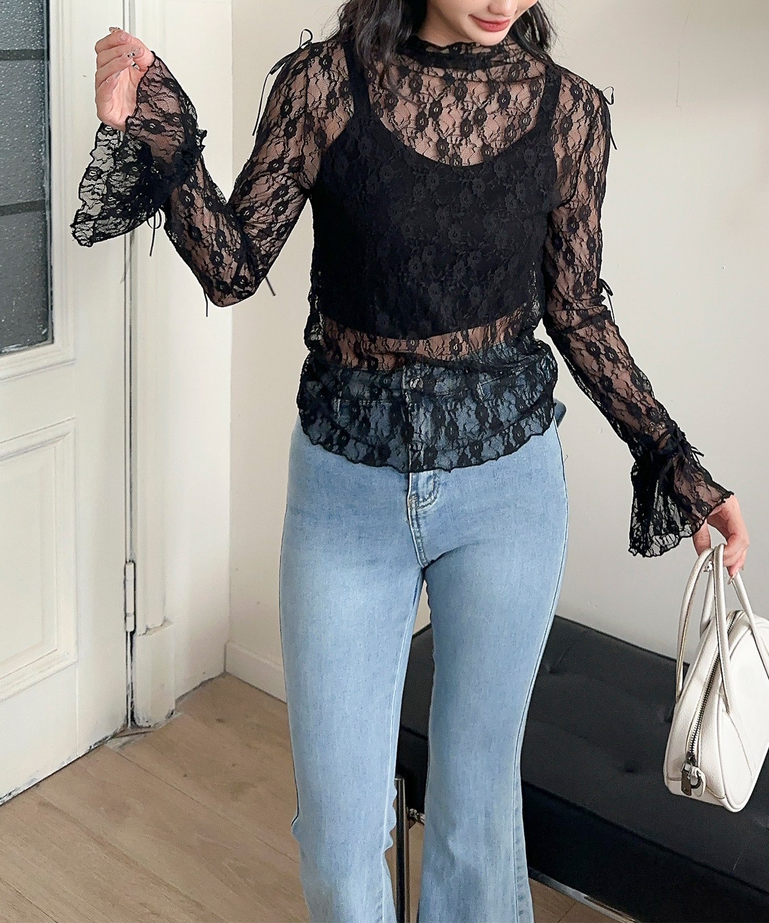 【Jasmine】袖リボンメロウシアーレースインナートップス