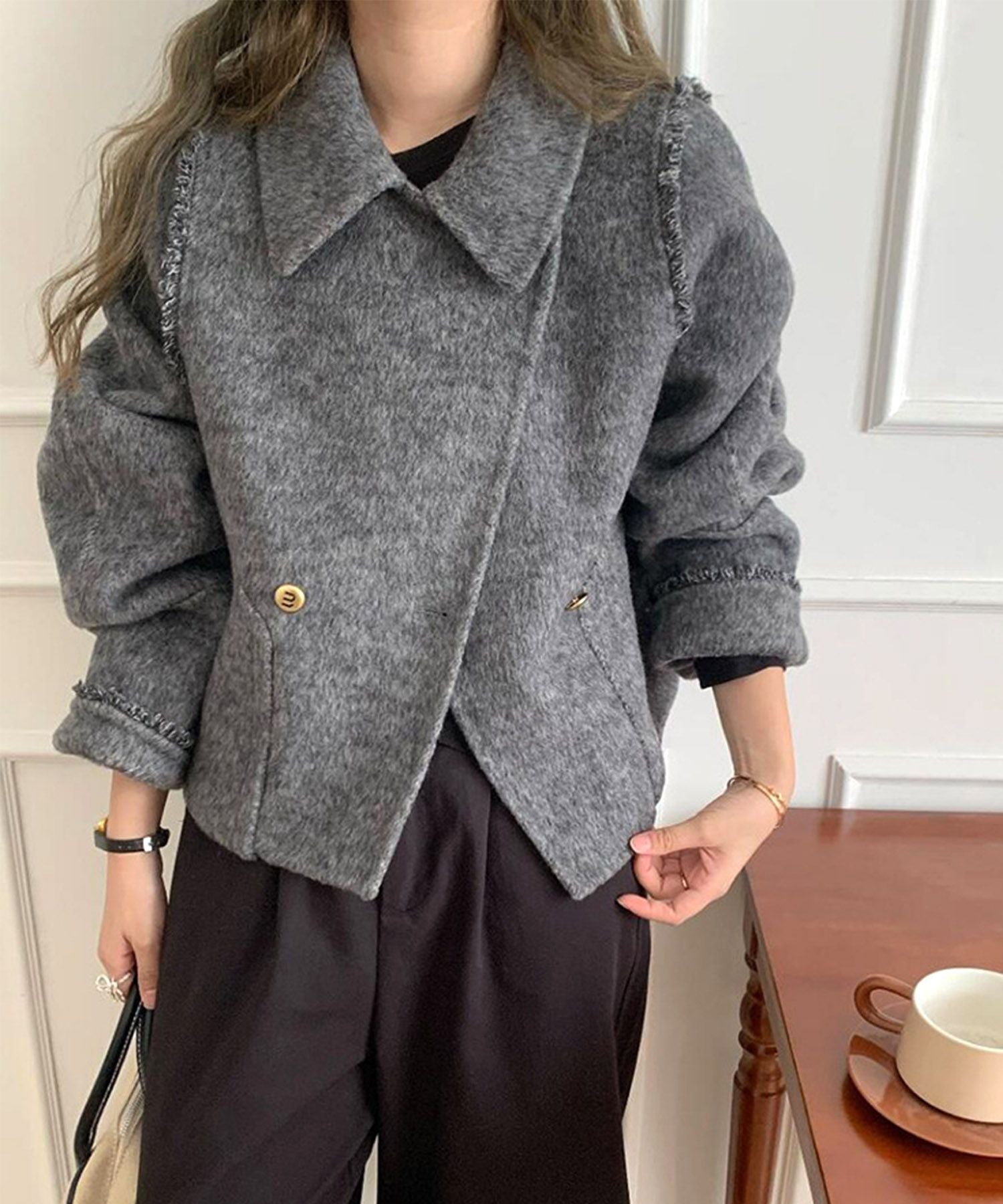 【Jasmine】フリンジリバーウールコート ショート丈