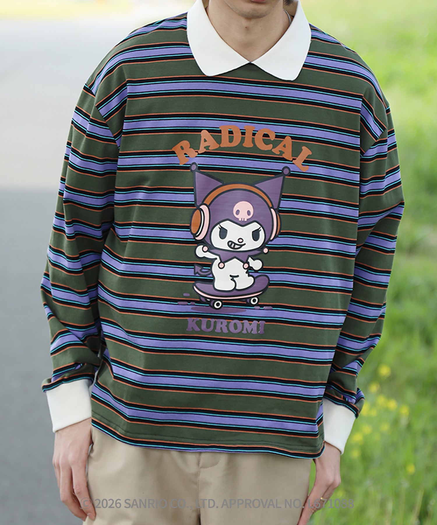 HOOK -original- SANRIO CHARACTERS Collaboration Polo-Collar Multi-Stripe Long-Sleeve T-Shirt