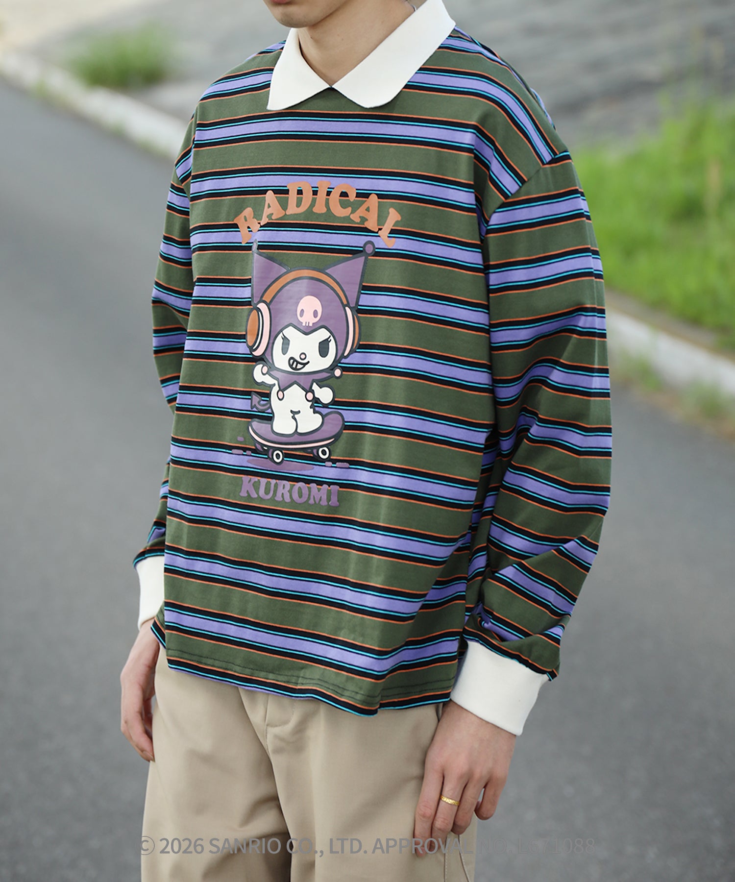 HOOK -original- SANRIO CHARACTERS Collaboration Polo-Collar Multi-Stripe Long-Sleeve T-Shirt