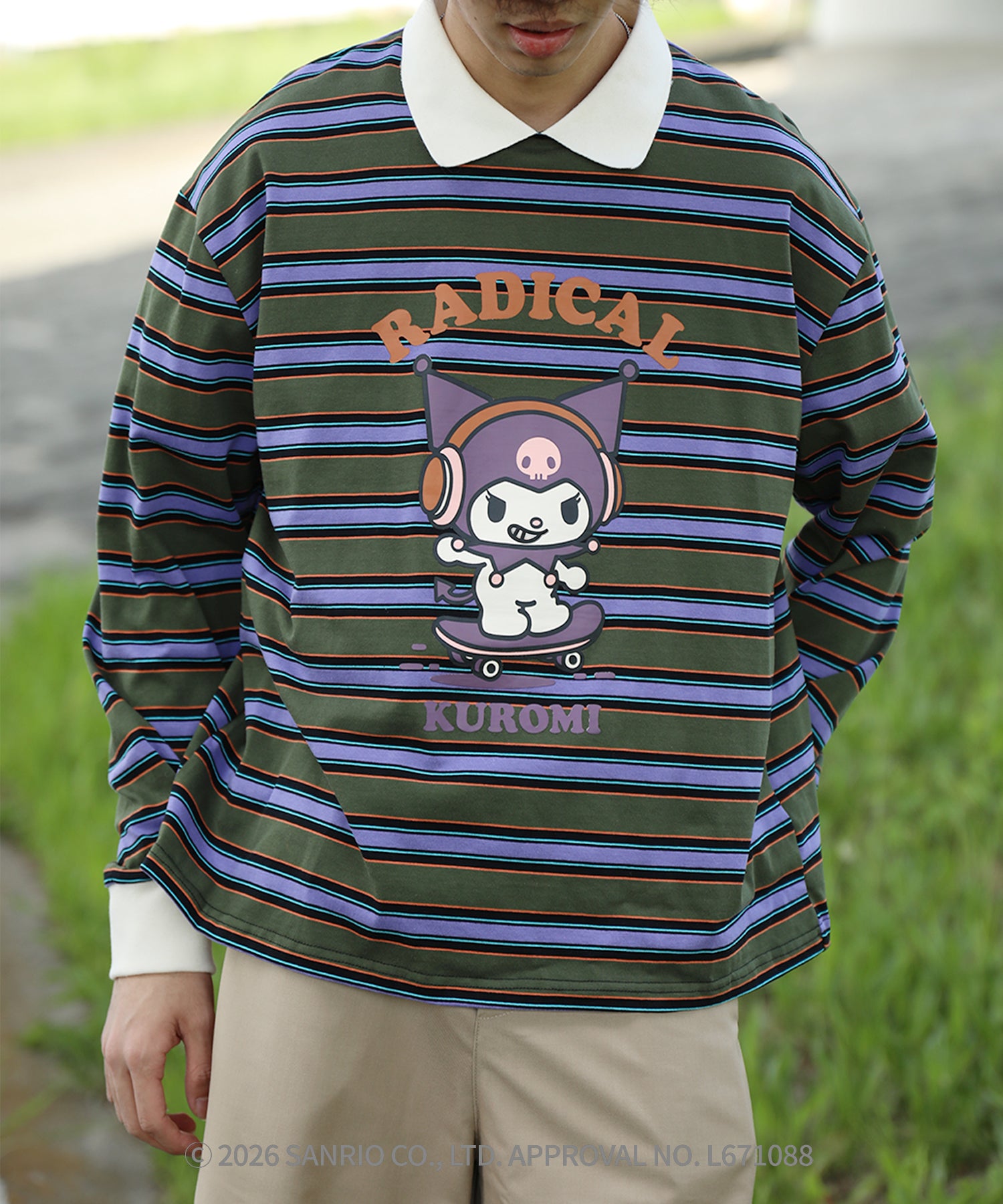 HOOK -original- SANRIO CHARACTERS Collaboration Polo-Collar Multi-Stripe Long-Sleeve T-Shirt