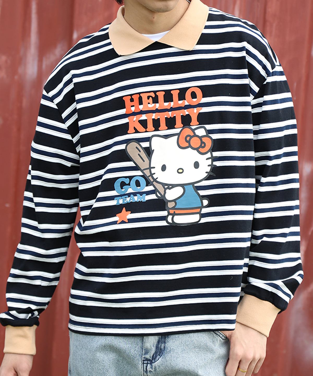 HOOK -original-　サンリオキャラクターズ コラボ ポロ襟マルチボーダー長袖Tシャツ