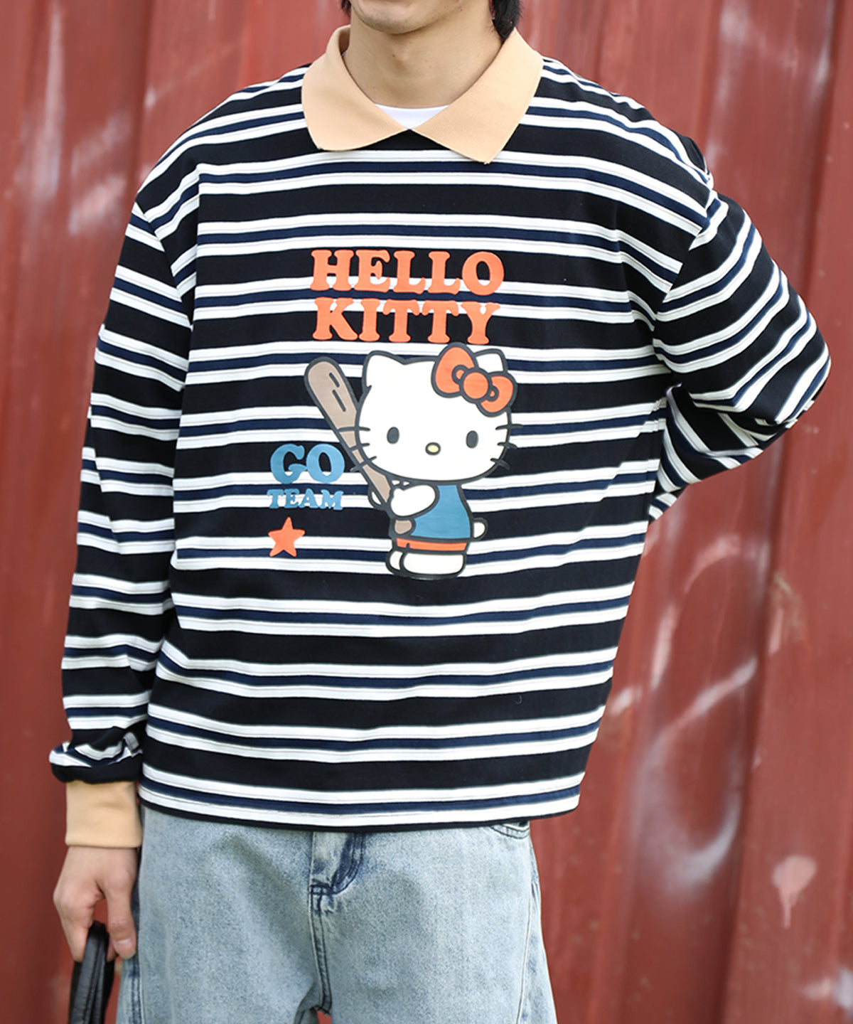 HOOK -original-　サンリオキャラクターズ コラボ ポロ襟マルチボーダー長袖Tシャツ