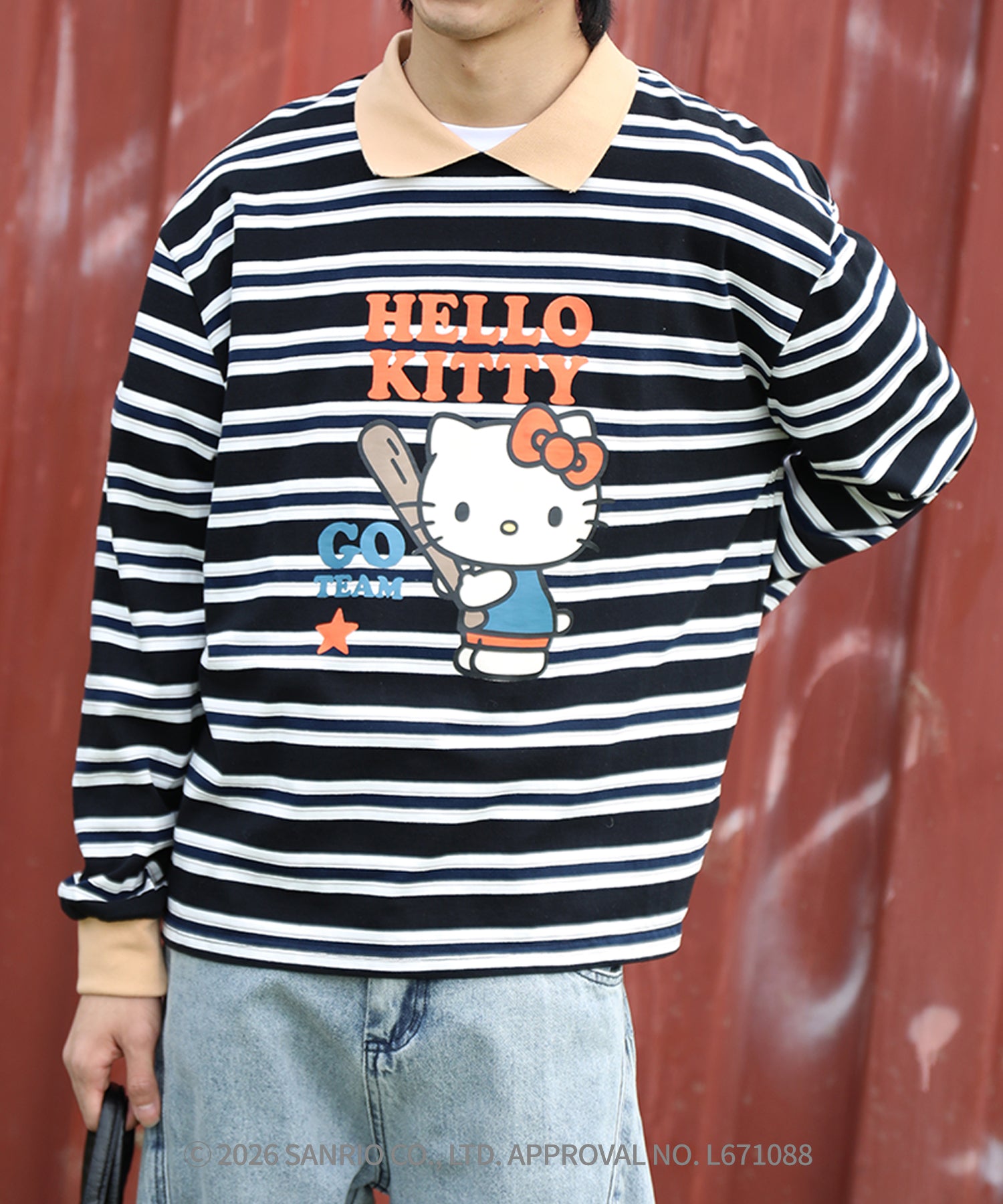HOOK -original- SANRIO CHARACTERS Collaboration Polo-Collar Multi-Stripe Long-Sleeve T-Shirt