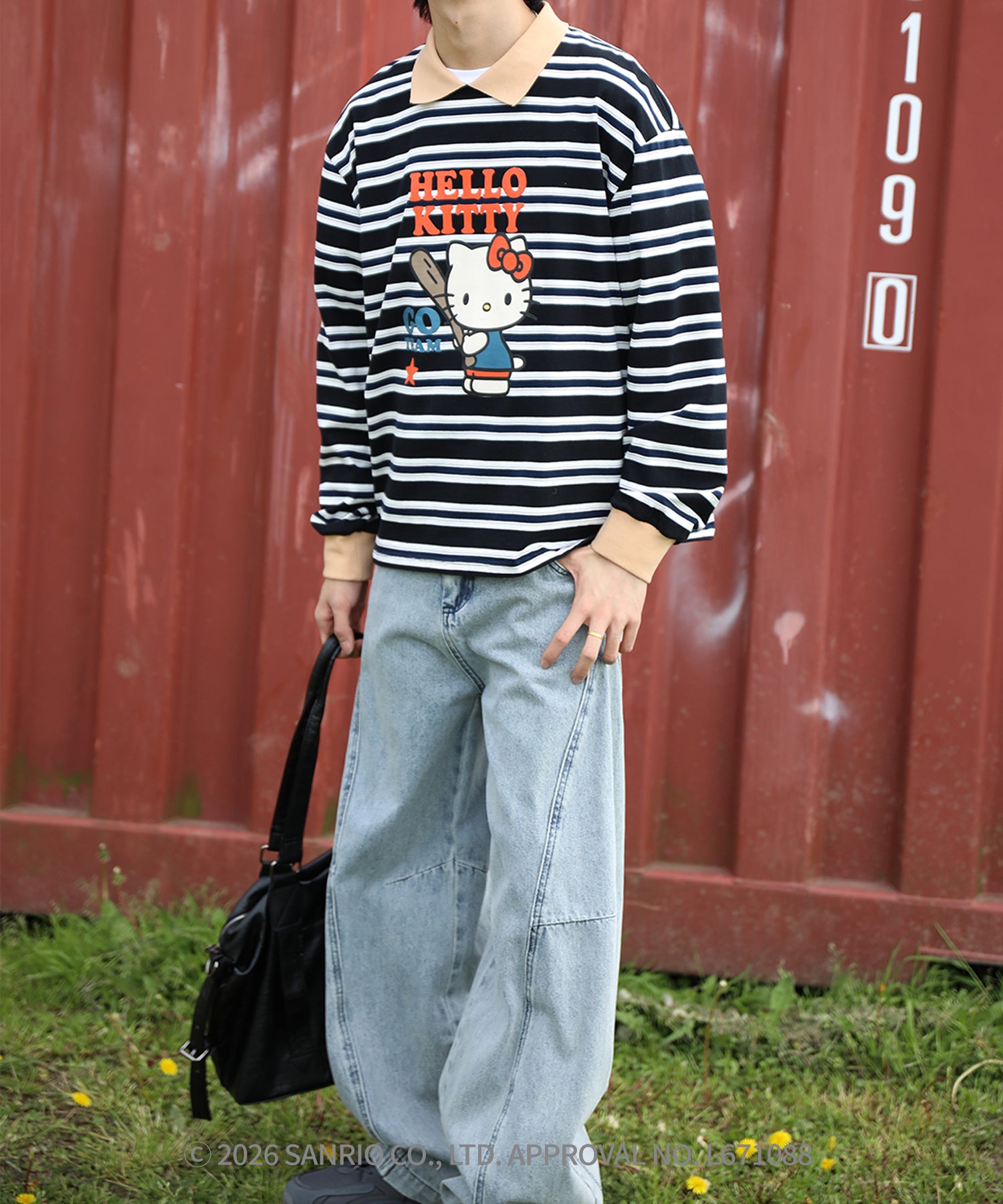 HOOK -original- SANRIO CHARACTERS Collaboration Polo-Collar Multi-Stripe Long-Sleeve T-Shirt