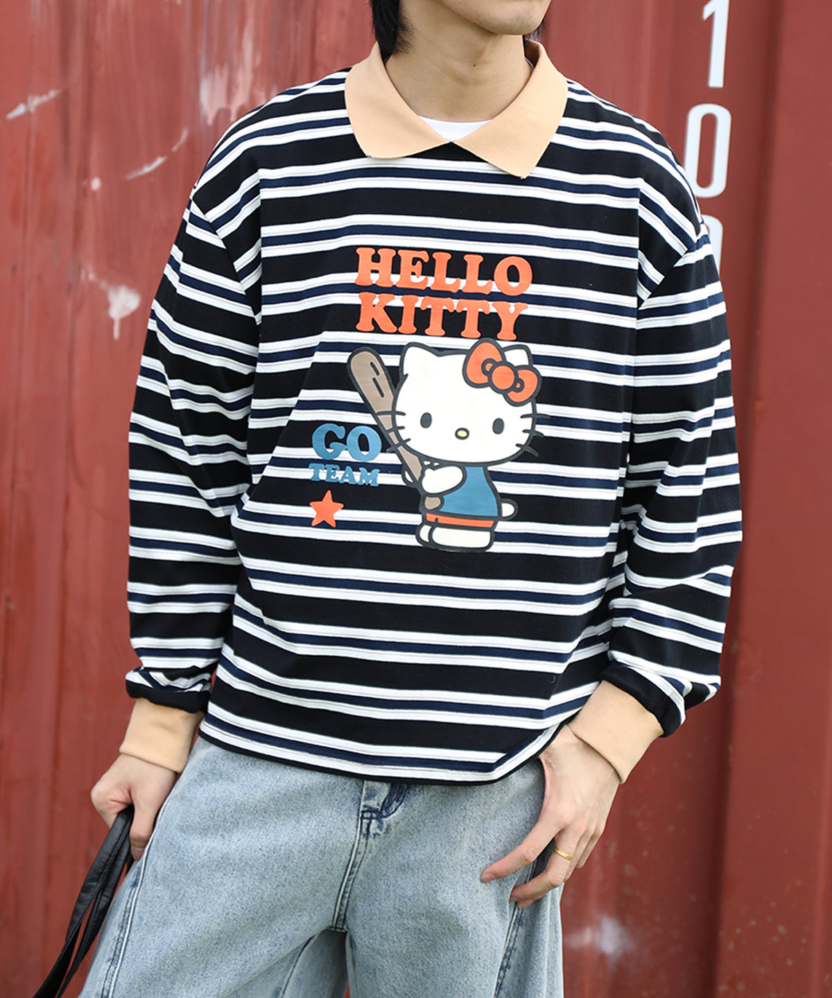 HOOK -original-　サンリオキャラクターズ コラボ ポロ襟マルチボーダー長袖Tシャツ