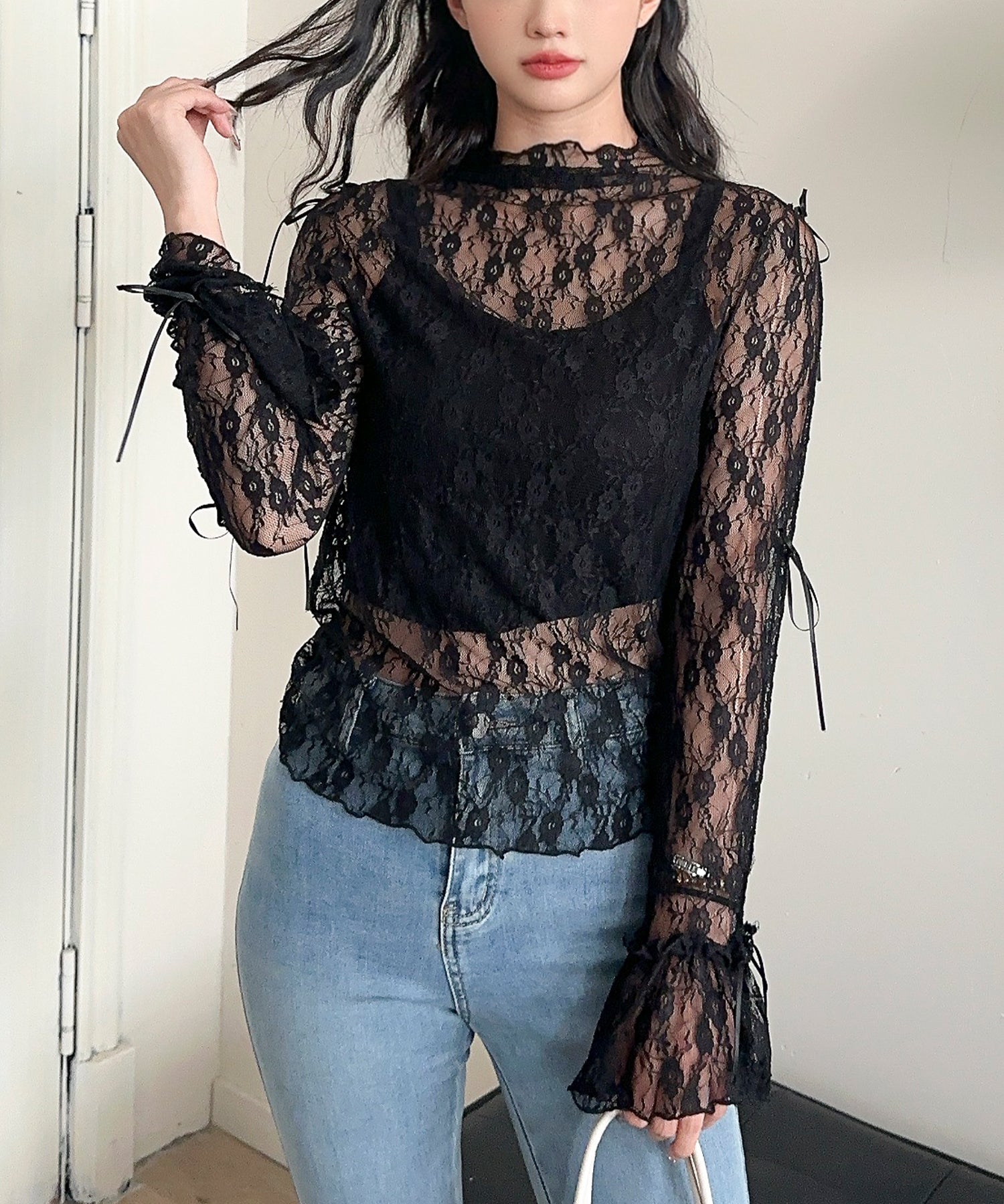 【Jasmine】袖リボンメロウシアーレースインナートップス