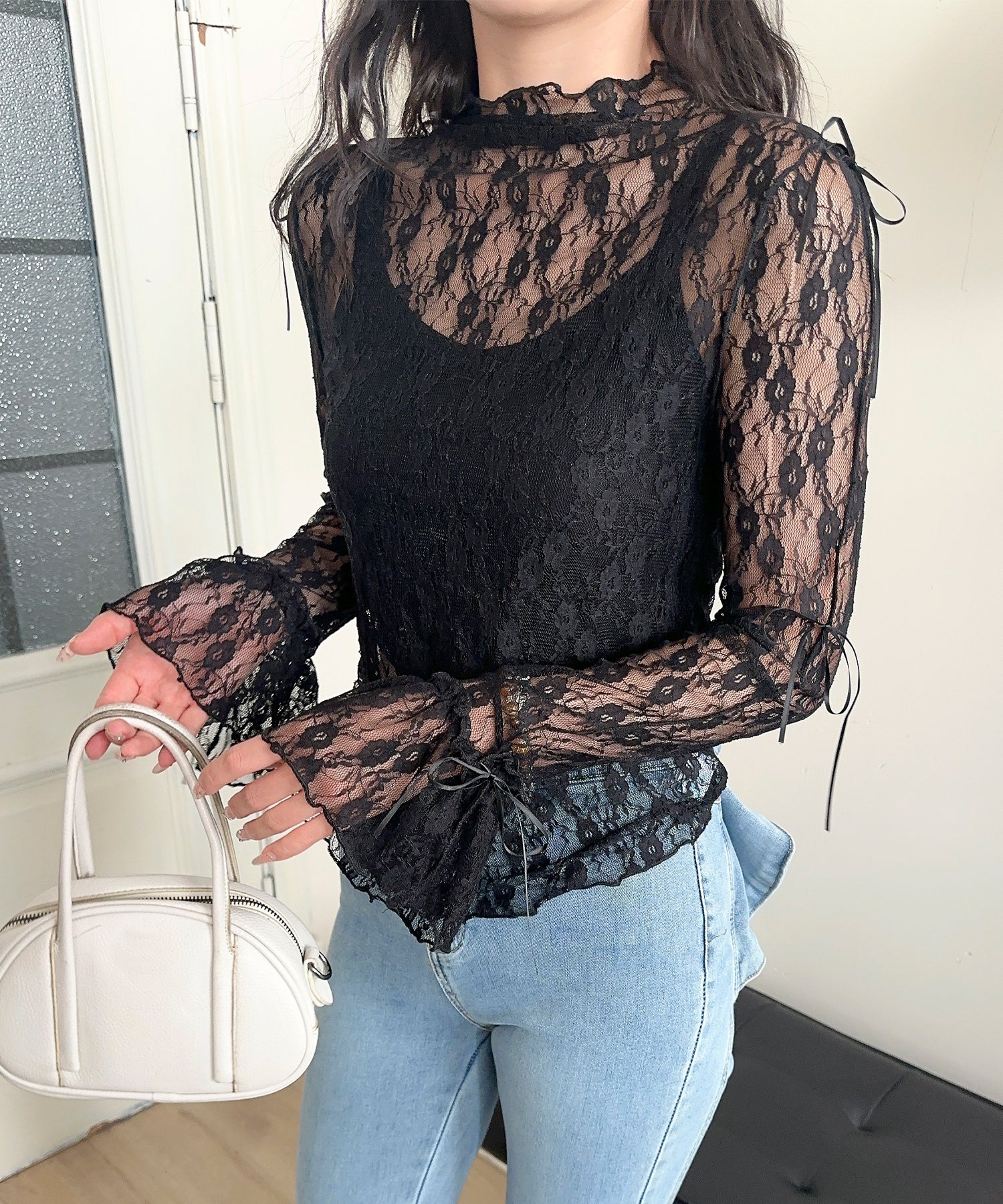 【Jasmine】袖リボンメロウシアーレースインナートップス