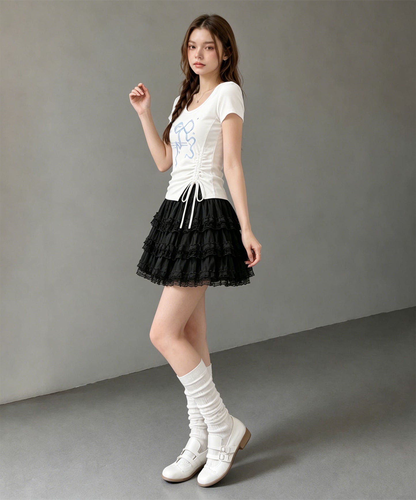 HOOK for girls リボングラフィック × サイドギャザー コンパクトストリートT
