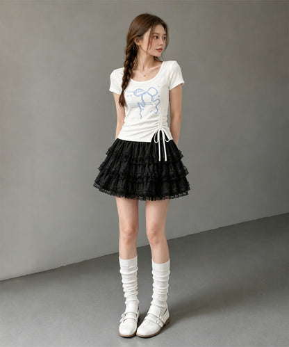 HOOK for girls リボングラフィック × サイドギャザー コンパクトストリートT