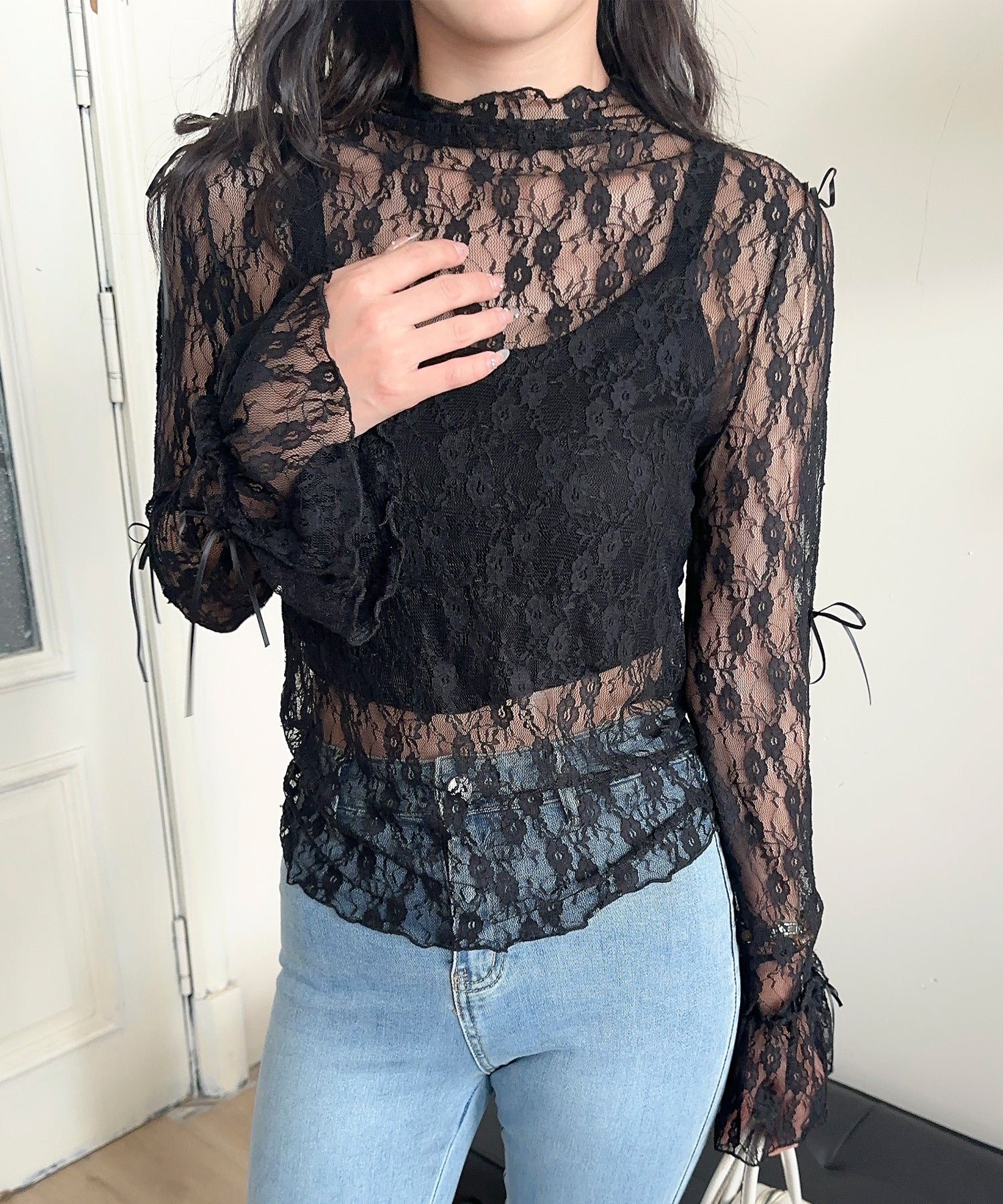 【Jasmine】袖リボンメロウシアーレースインナートップス