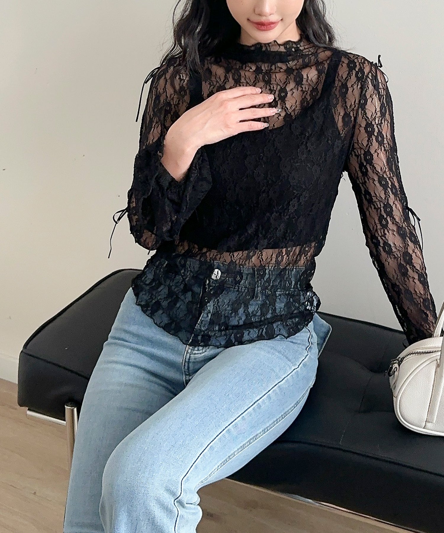 【Jasmine】袖リボンメロウシアーレースインナートップス