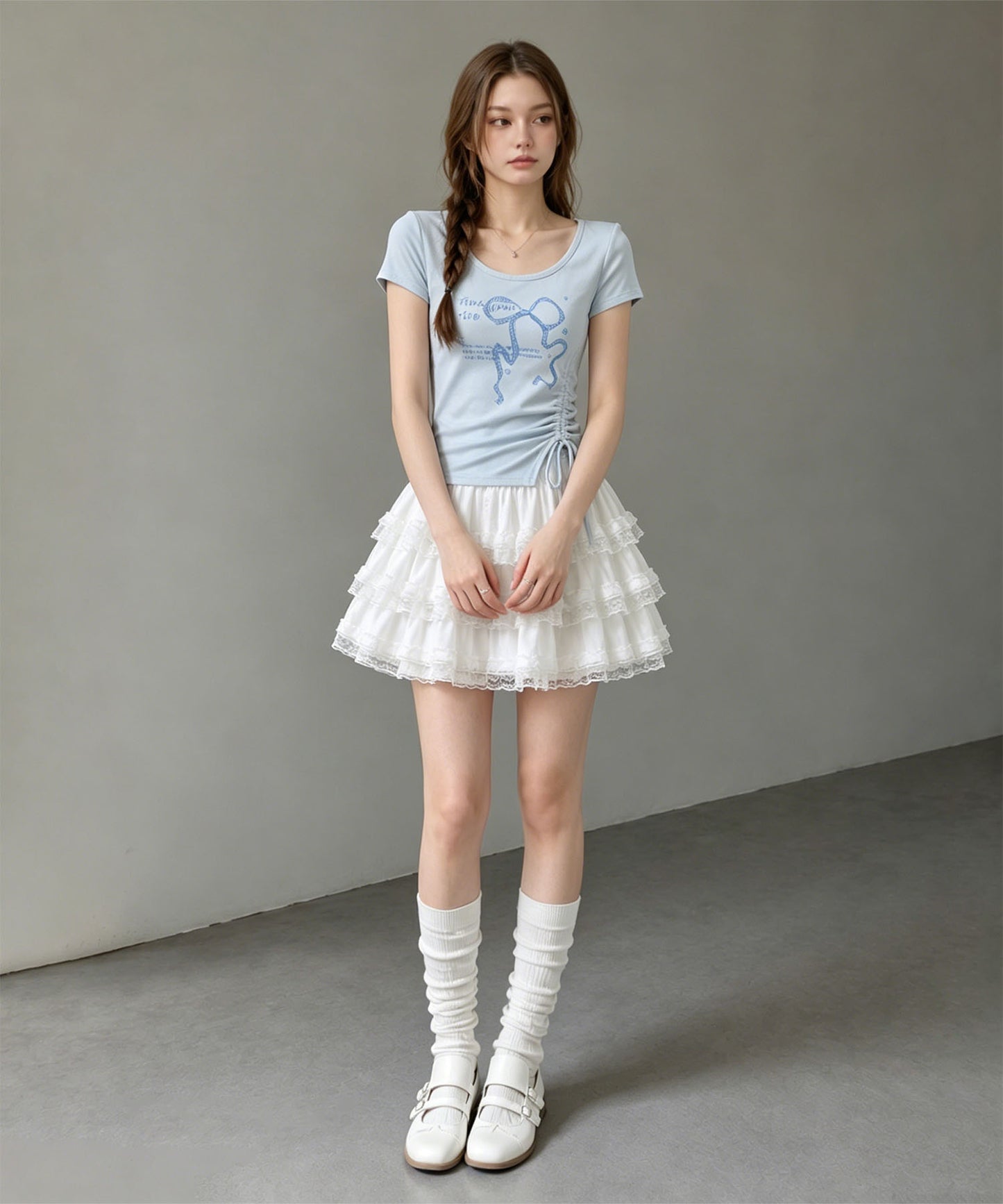 HOOK for girls リボングラフィック × サイドギャザー コンパクトストリートT