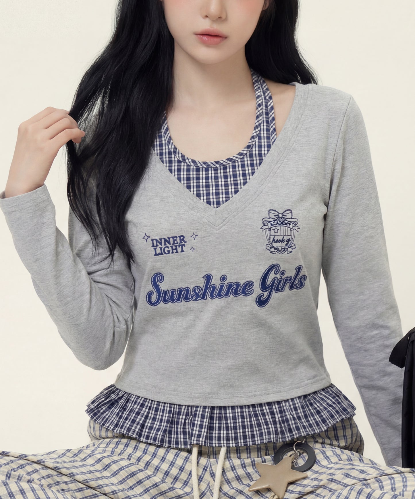 HOOK　for girls -original-　レイヤード風 アメカジ刺繍 チェックペプラムカットソー