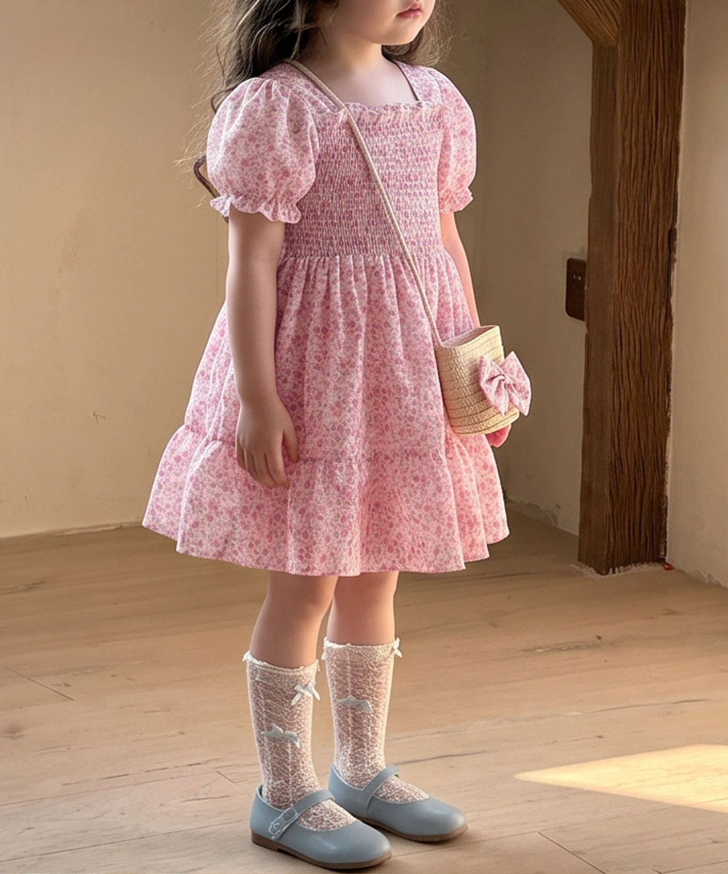 【aimoha-KIDS-】小花柄シャーリングワンピース（バッグ付き）(SS)