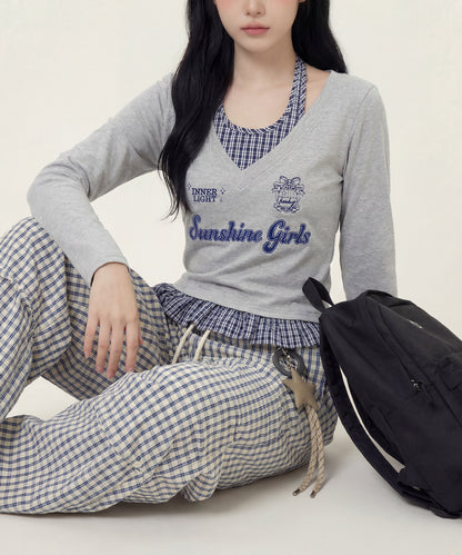 HOOK　for girls -original-　レイヤード風 アメカジ刺繍 チェックペプラムカットソー